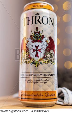 Tyumen, Russia-february 13, 2021: Thron Lager Germany, Dargun Reinheitsgebot, Deutsch, Import. Selec