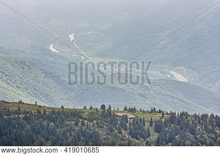 Mountain Hut Under Chleb Hill, Little Fatra, Slovak Republic. Hiking Theme. Seasonal Natural Scene.