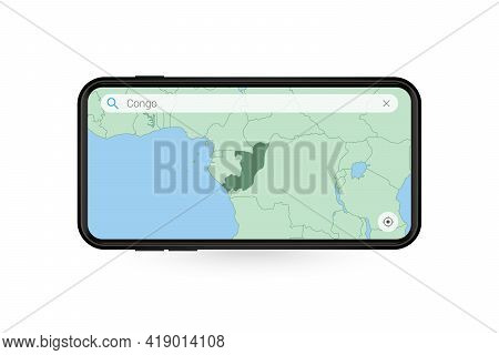 Searching Map Of Congo In Smartphone Map Application. Map Of Congo In Cell Phone. Vector Illustratio