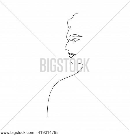 Continuous Line Art In Elegant Style For Prints, Fashion Concept, Drawing Of Set Faces And Hairstyle