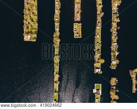 Aerial View Of Small Islands In The Lake Vinkeveense Plassen, Near Vinkeveen, Holland. It Is A Beaut
