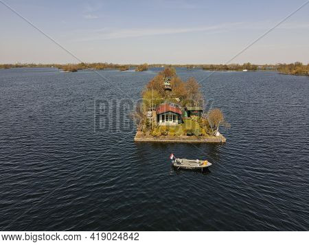 Aerial View Of Small Islands In The Lake Vinkeveense Plassen, Near Vinkeveen, Holland. It Is A Beaut