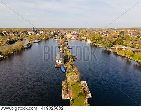Aerial View Of Small Islands In The Lake Vinkeveense Plassen, Near Vinkeveen, Holland. It Is A Beaut