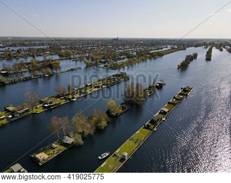 Aerial View Of Small Islands In The Lake Vinkeveense Plassen, Near Vinkeveen, Holland. It Is A Beaut
