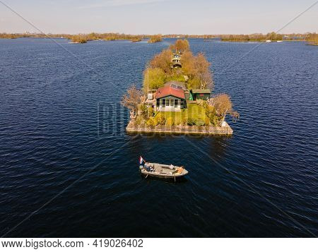Aerial View Of Small Islands In The Lake Vinkeveense Plassen, Near Vinkeveen, Holland. It Is A Beaut