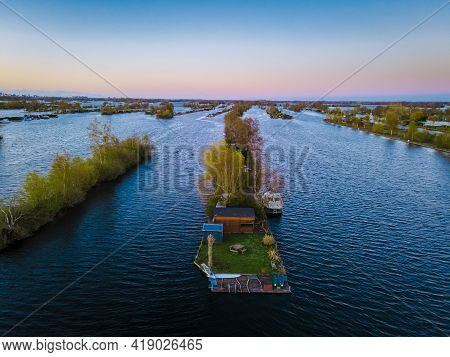 Aerial View Of Small Islands In The Lake Vinkeveense Plassen, Near Vinkeveen, Holland. It Is A Beaut