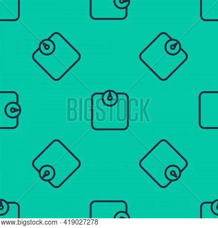 Blue Line Bathroom Scales Icon Isolated Seamless Pattern On Green Background. Weight Measure Equipme