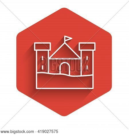White Line Sand Castle Icon Isolated With Long Shadow. Red Hexagon Button. Vector