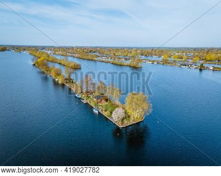 Aerial View Of Small Islands In The Lake Vinkeveense Plassen, Near Vinkeveen, Holland. It Is A Beaut