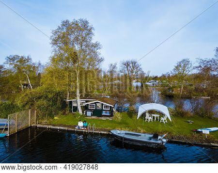 Aerial View Of Small Islands In The Lake Vinkeveense Plassen, Near Vinkeveen, Holland. It Is A Beaut