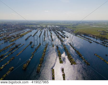 Aerial View Of Small Islands In The Lake Vinkeveense Plassen, Near Vinkeveen, Holland. It Is A Beaut