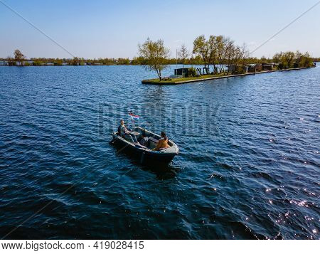 Aerial View Of Small Islands In The Lake Vinkeveense Plassen, Near Vinkeveen, Holland. It Is A Beaut
