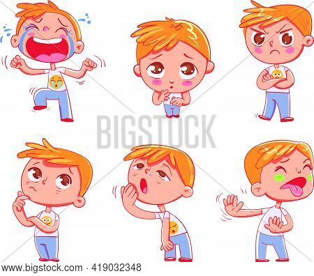 Cute Little Boy With Different Emotions. Emoji Stickers Emotions. Funny Cartoon Colorful Character. 