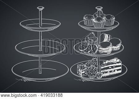 Three Tier Serving Tray. Hand Drawing On A Blackboard. Vector Illustration