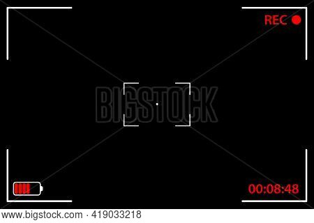 Camera Viewfinder Black Background. Ui Elements - Recording Label, Battery Icon, Time Indicator, Cro