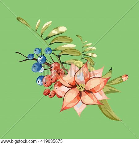 Vintage Floral Greeting Card, Spring Or Summer Decoration With Dry Branch, Red And Blue Berries, Mou