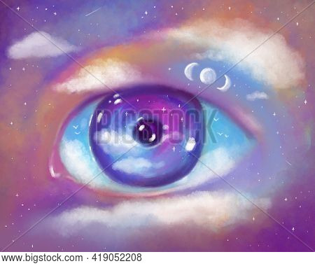 Hand Drawn Art Illustration. A Vivid Picture Of The Third Eye, Higher Power, Energy, Meditation And 