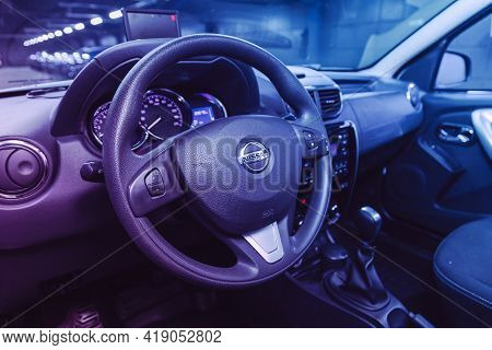 Novosibirsk, Russia - April 25 2021: Nissan Terrano,  Dashboard, Player, Steering Wheel With Logo An