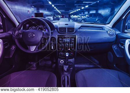 Novosibirsk, Russia - April 25 2021: Nissan Terrano, Salon Of A New Stylish Car, Steering Wheel , Da