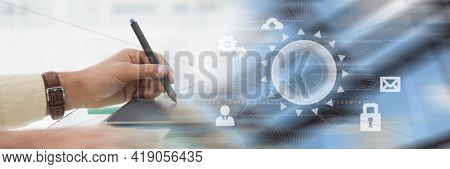 Cropped image of woman hand writing on a notepad at desk in office. with digital office interface concept background. digitally generated image.
