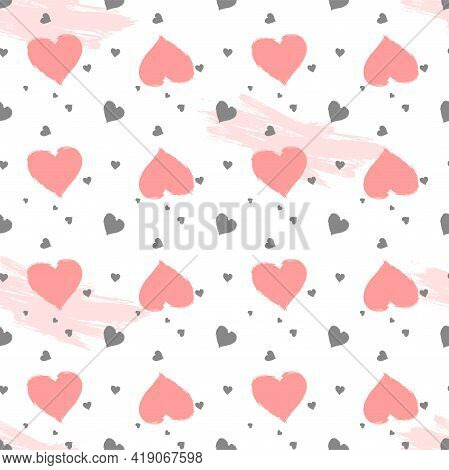 Pattern With Watercolor Hearts And Grunge Elements On A White Background. For Valentine Day Design.