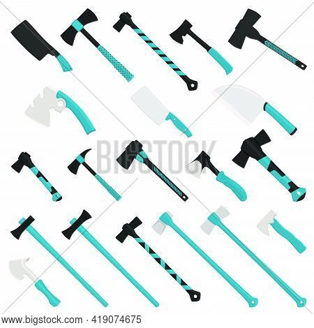 Illustration On Theme Big Kit Steel Axes With Wooden Handle, Metal Ax For Hunting. Pattern Ax Consis