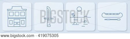 Set Line Wild West Saloon, Desert Landscape With Cactus, Military Knife And Kayak Or Canoe And Paddl