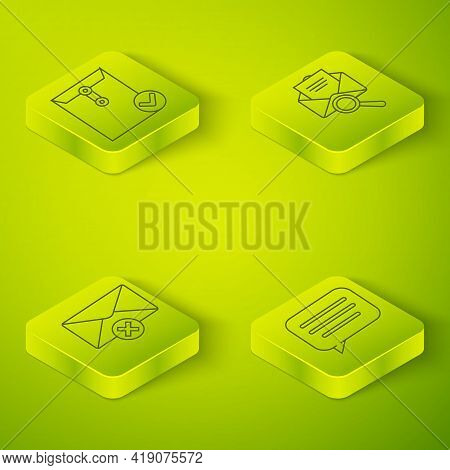 Set Isometric Envelope With Magnifying Glass, Delete Envelope, Speech Bubble Chat And Envelope And C