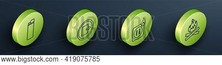 Set Isometric Lighter, Fire Exit, Electric Wiring Of Socket In Fire And Campfire Icon. Vector
