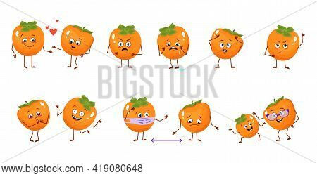 Set Of Cute Persimmon Characters With Emotions, Faces, Arms And Legs. Happy Or Sad Heroes, Exotic Fr