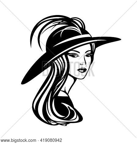 Elegant Woman With Long Gorgeous Hair Wearing Wide Brimmed Hat With Feather Decor - Glamour And Beau