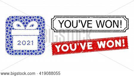 Vector Collage 2021 Gift And Grunge Youve Won Exclamation Seal Stamps. Mosaic 2021 Gift Designed As 
