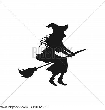 Witch Silhouette Flying On A Broomstick Isolated On White Background. Halloween Character. Vector St