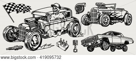 Hot Rod And Lowrider Cars Concept With Skeleton Driver Racing Checkered Flag Piston Spark Plug Turbo