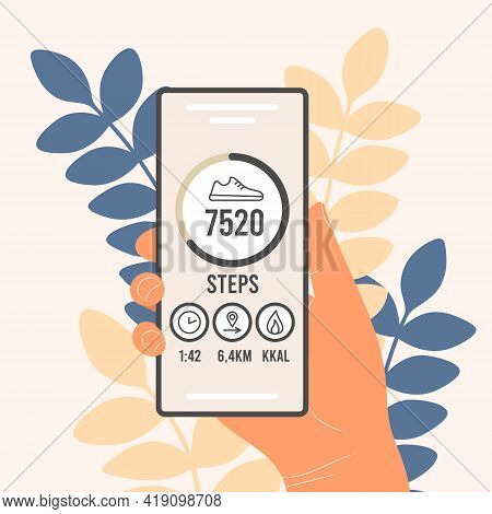 Pedometer In A Mobile Phone. An Application That Counts Steps And Tracks Your Walking Progress. The 