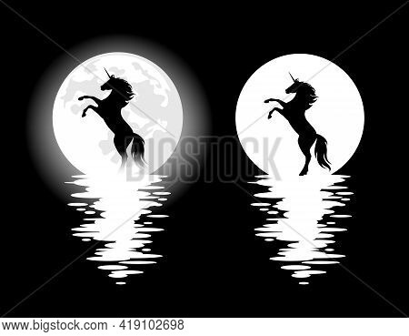 Rearing Up Unicorn Horse And Full Moon - Mysterious Night Nature Black And White Vector Design Set W