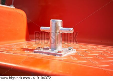 Marine Boat Yacht Steel Mooring Bitt Cross Bollard Totally Enclosed Lifeboat Closeup