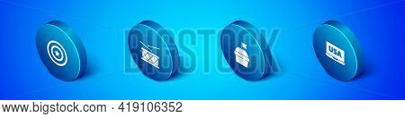 Set Isometric American Star Shield, Cake, Usa On Laptop And Drum And Drum Sticks Icon. Vector