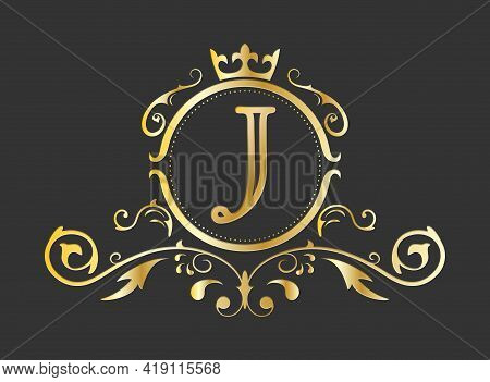 Golden Stylized Letter J Of The Latin Alphabet. Monogram Template With Ornament And Crown For Design