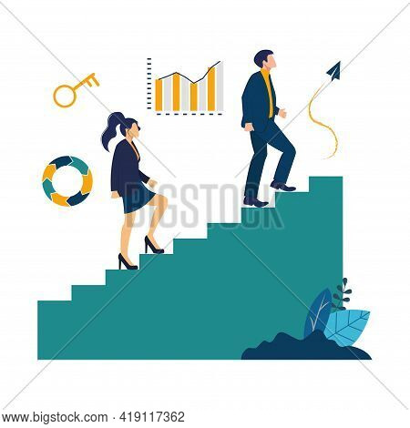 Vector Illustration, People Run To Their Goal On The Column Of Columns, Climbing Up The Stairs, Move