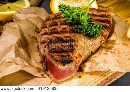 Grilled Tuna Steak With Spices And Lemon, Bbq Keto Diet Fod Concept