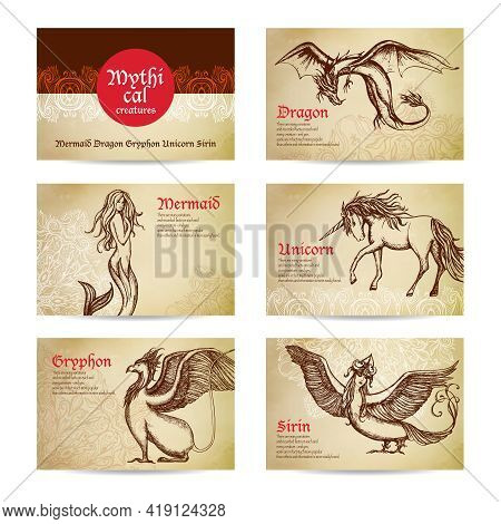 Mythical Creatures Hand Drawn Cards Set With Dragon Mermaid And Unicorn Isolated Vector Illustration