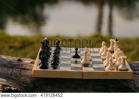 Chess Pieces On A Table In The Park