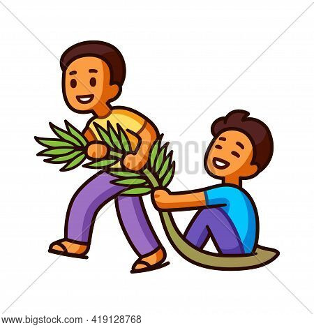 Tarik Upih, Traditional Malaysian Game Of Palm Frond Sledding. Two Cute Cartoon Boys Having Fun. Vec