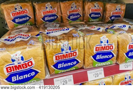 Bimbo White Toast Bread Packaging In The Supermarket In Mexico.