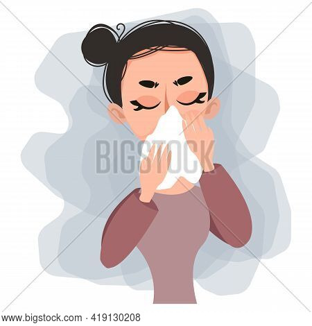 Woman Blowing Her Nose In A White Paper Scarf. Cold Illness Or Allergy. Vector Illustration In Carto