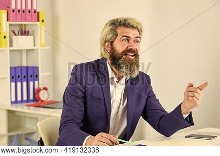 Pleasant Talk. Smiling It Director Or Cio. Successful Crisis Manager Make Notes In Documents. Busine