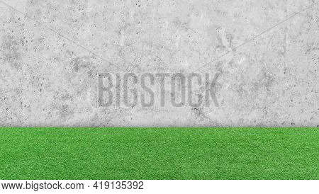 White Cement Wall With Green Grass Floor. Empty Background For Product Display, Template, Benner.