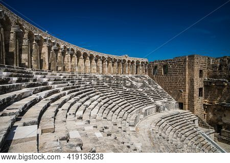 Aspendos Amphitheater Close-up Inside In The Summertime With Sunshine, Turkey, Serik.