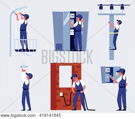 Power Lineman Or Electric Repairman Workers Characters Set, Flat Vector Illustration Isolated.